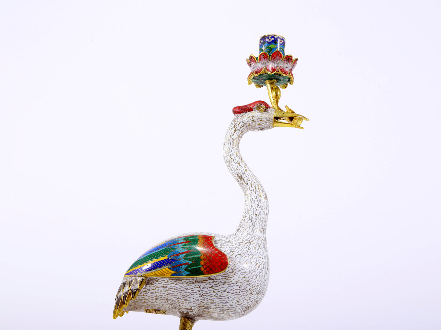 A pair of exquisite cloisonné crane-shaped candlesticks