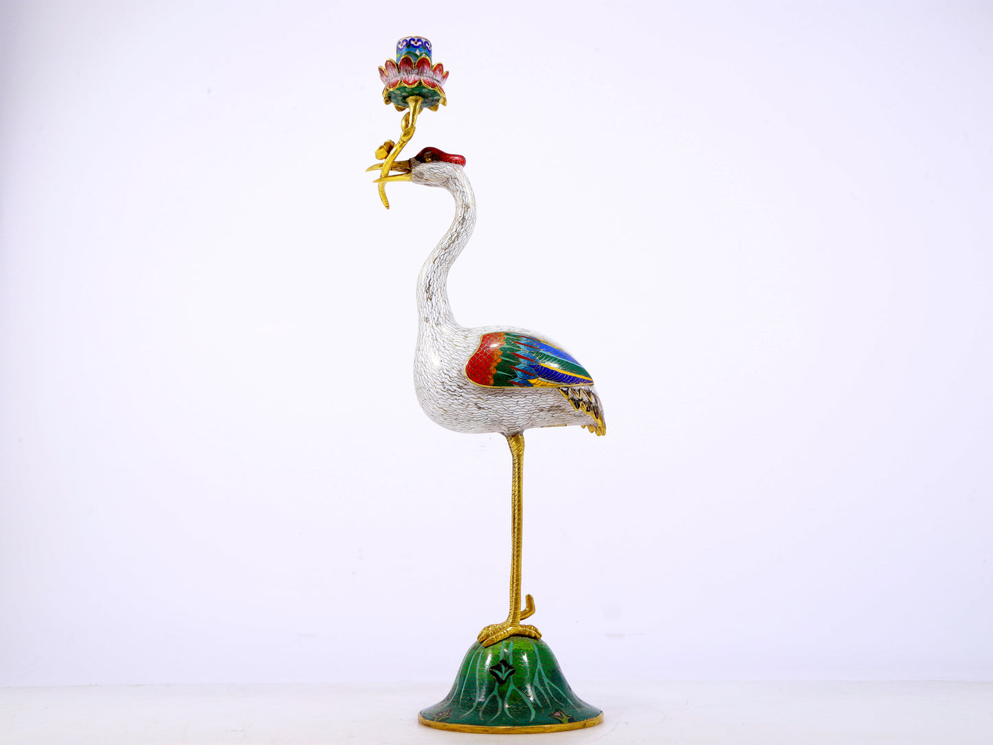 A pair of exquisite cloisonné crane-shaped candlesticks