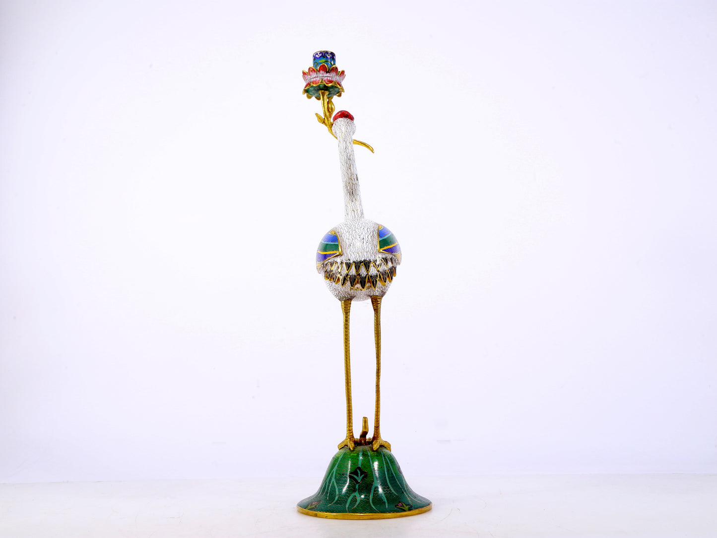 A pair of exquisite cloisonné crane-shaped candlesticks