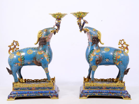 Pair of Exquisite Cloisonné Goat Candlesticks