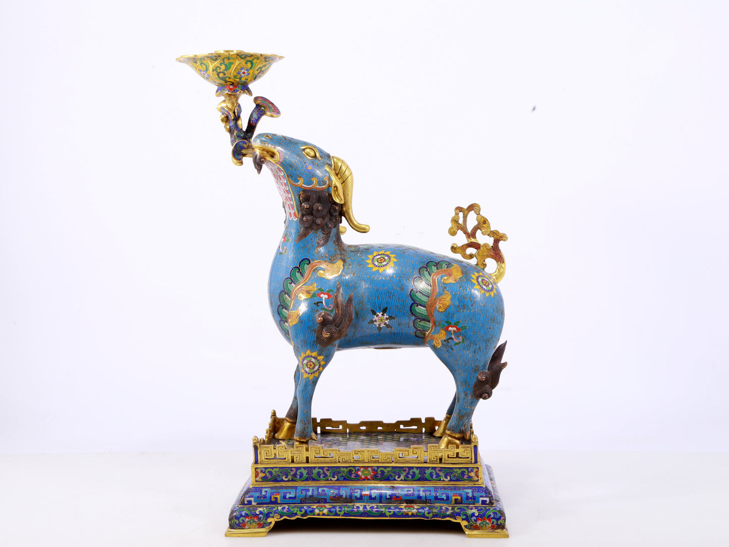 Pair of Exquisite Cloisonné Goat Candlesticks