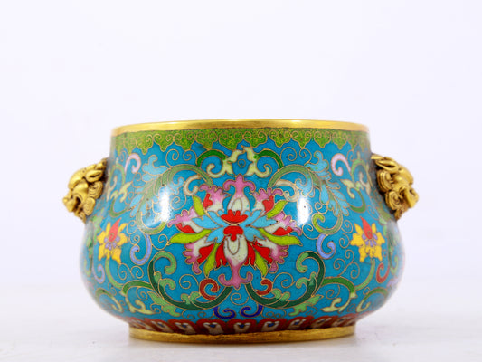 An exquisite cloisonné tangled lotus pattern animal ear censer