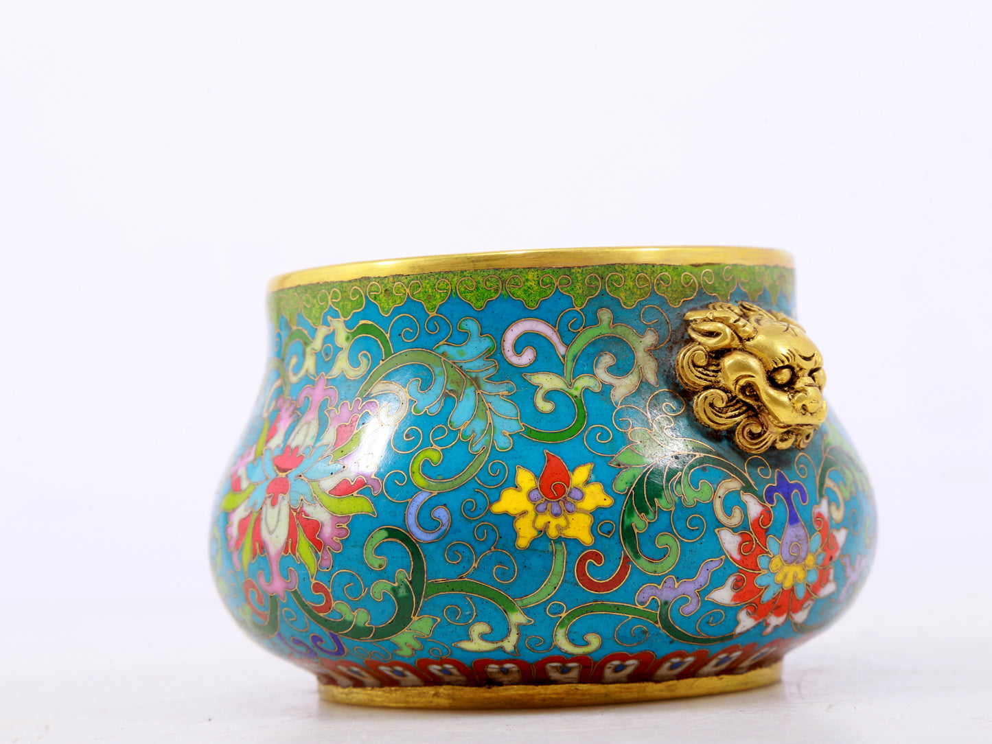 An exquisite cloisonné tangled lotus pattern animal ear censer