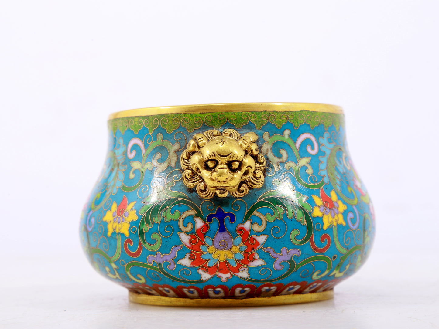 An exquisite cloisonné tangled lotus pattern animal ear censer