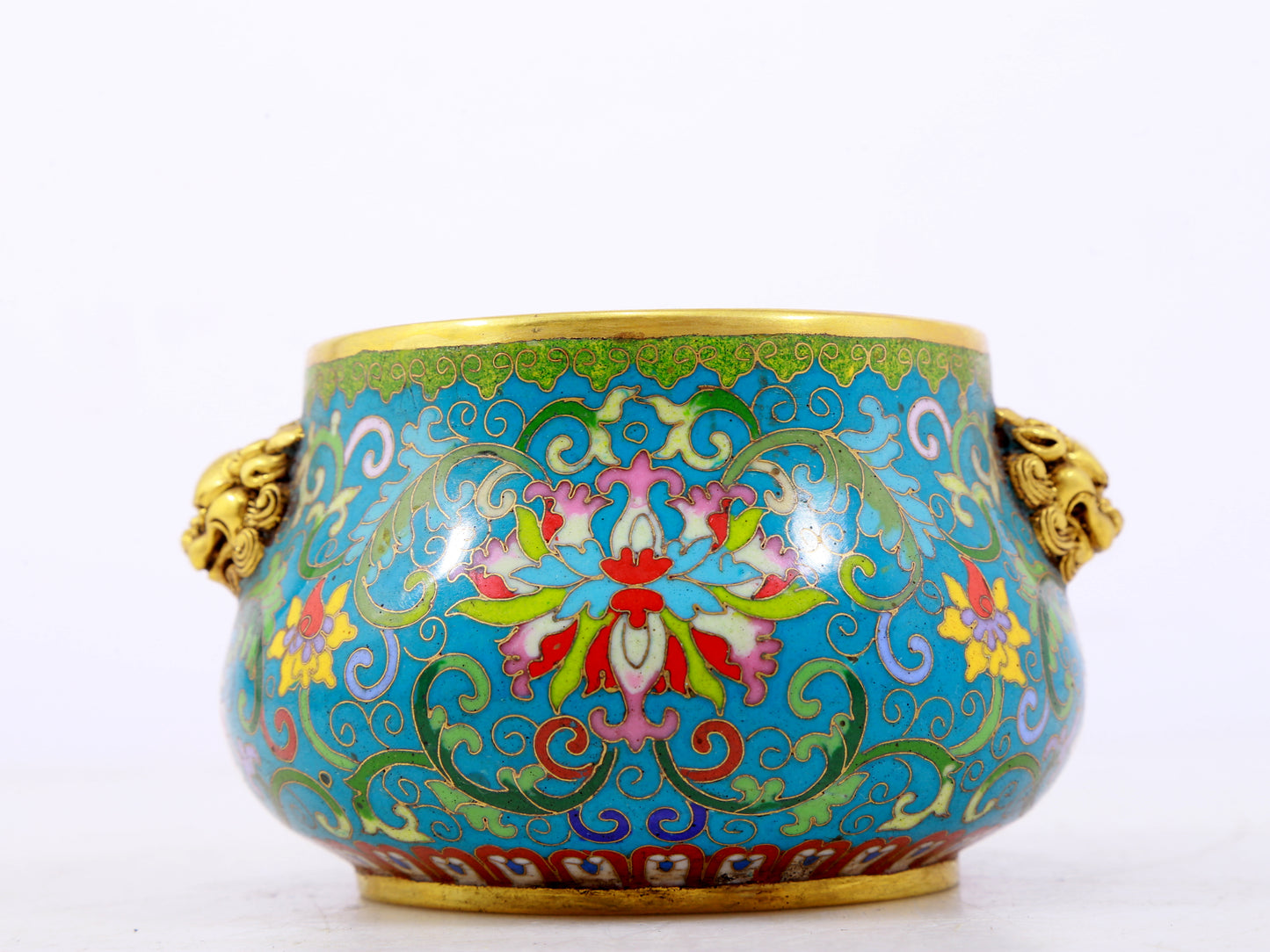 An exquisite cloisonné tangled lotus pattern animal ear censer