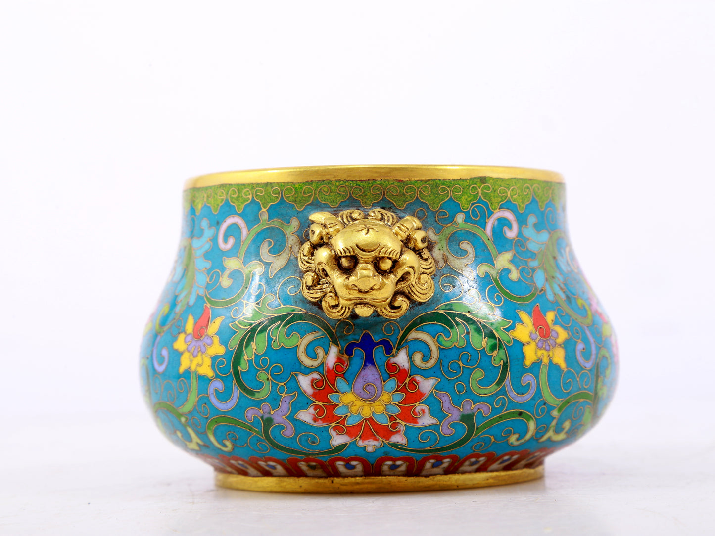 An exquisite cloisonné tangled lotus pattern animal ear censer