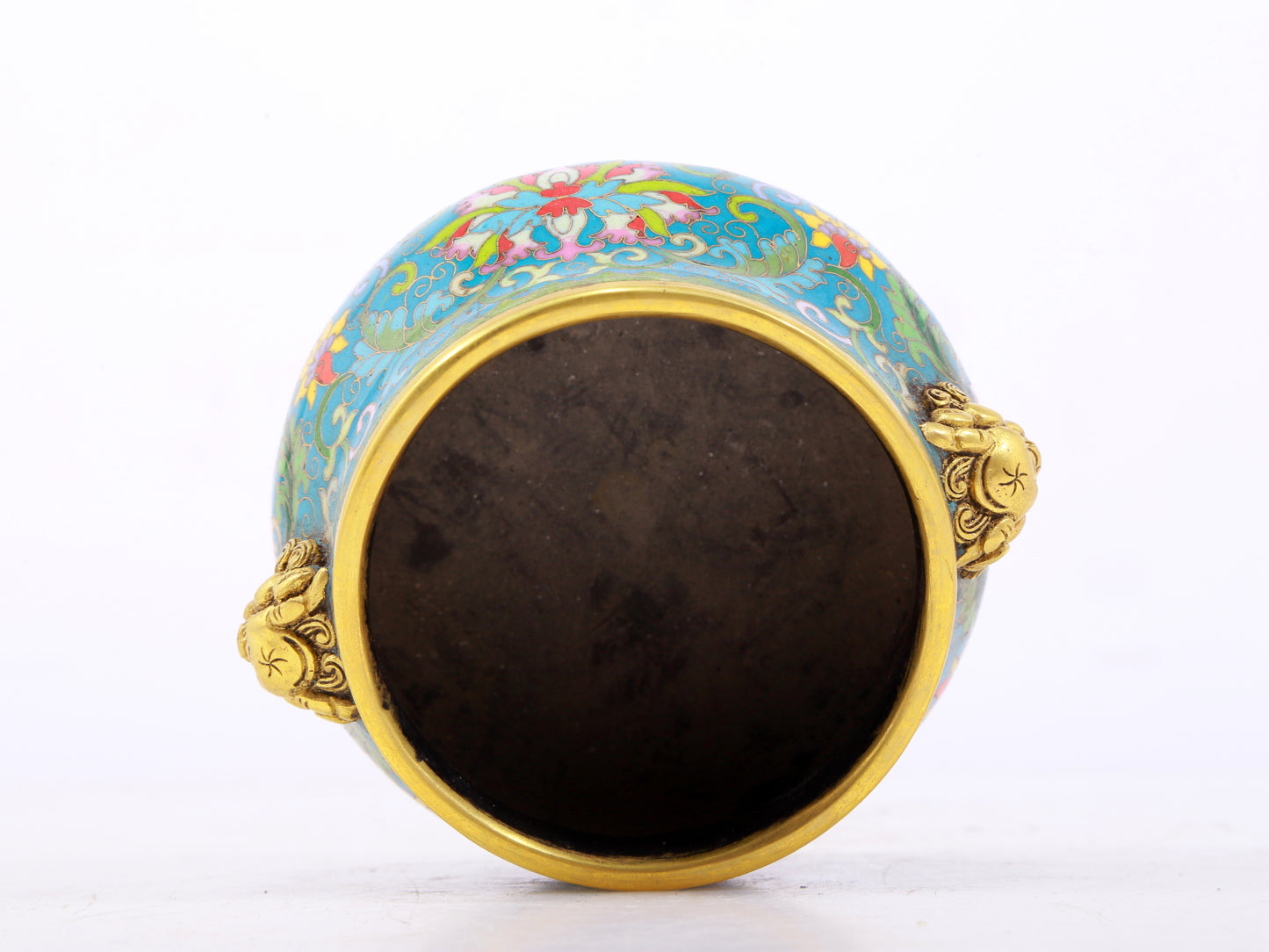 An exquisite cloisonné tangled lotus pattern animal ear censer