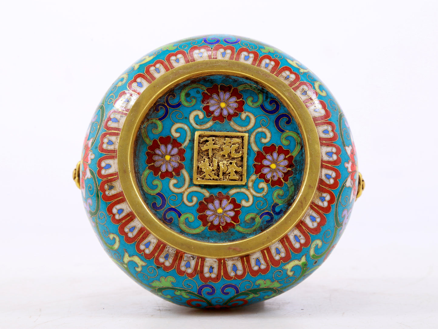 An exquisite cloisonné tangled lotus pattern animal ear censer