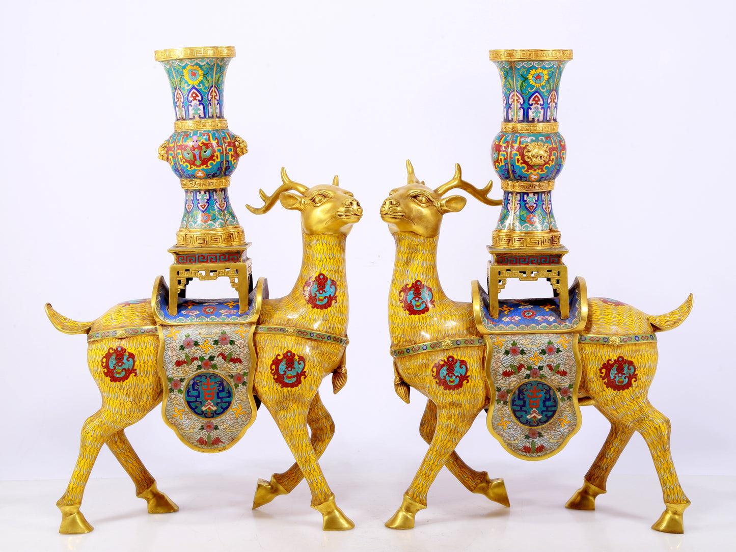 A stunning pair of cloisonné deer-shaped bottles