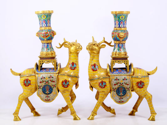 A stunning pair of cloisonné deer-shaped bottles