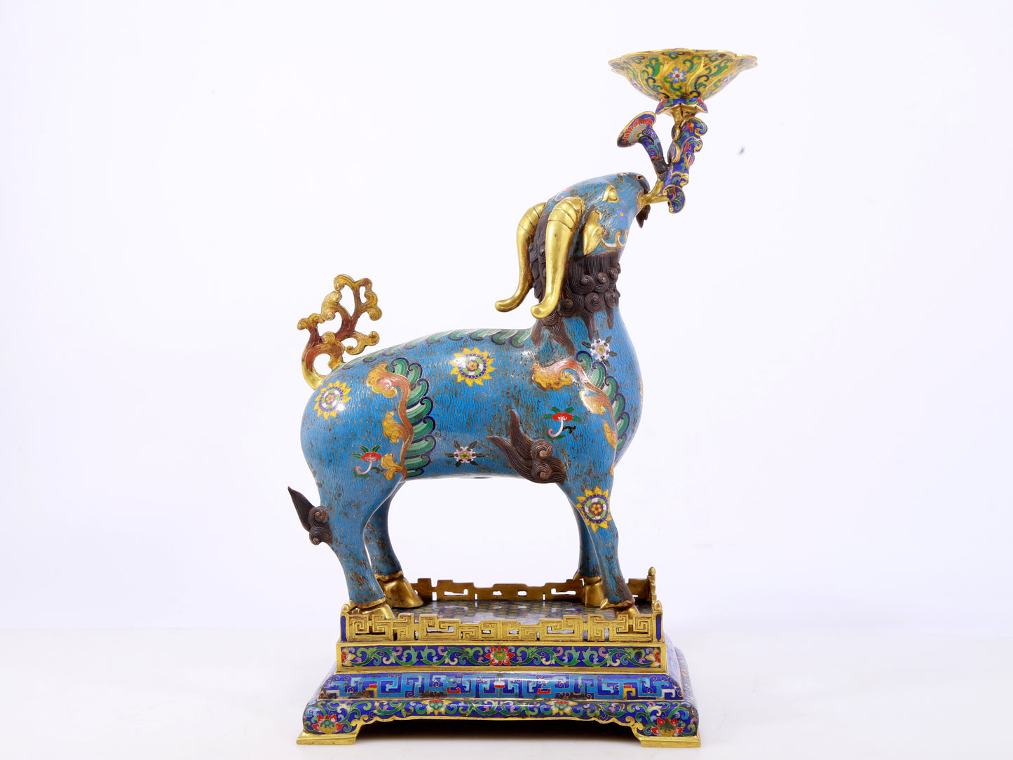 Pair of Exquisite Cloisonné Goat Candlesticks