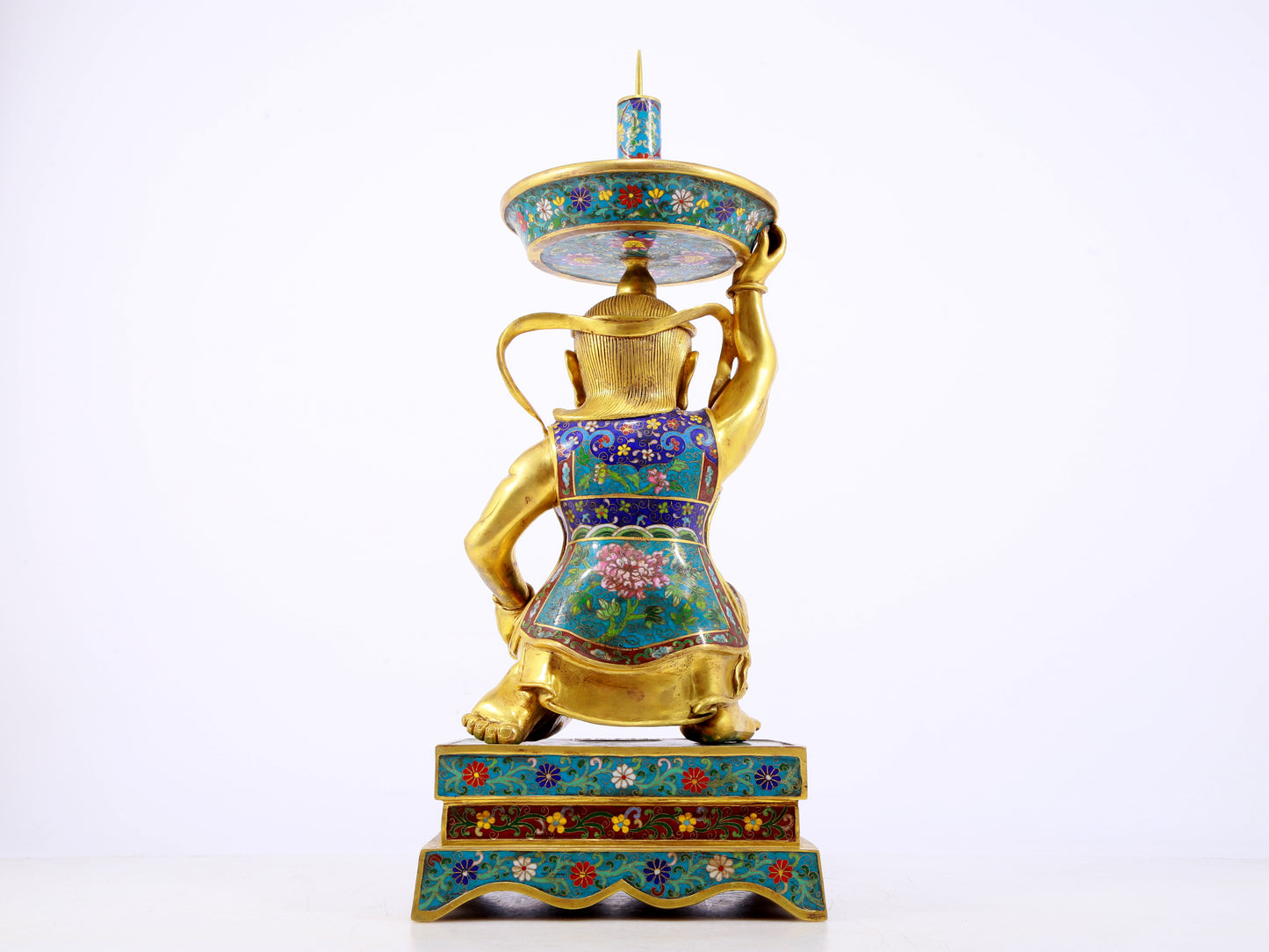 A stunning pair of cloisonné figure candlesticks