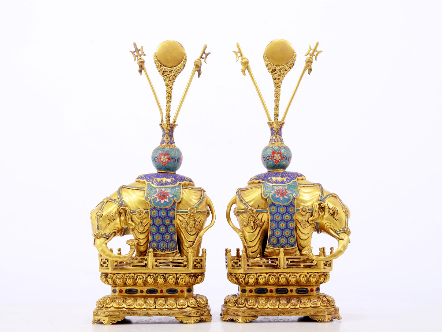 A stunning pair of cloisonné elephant ornaments