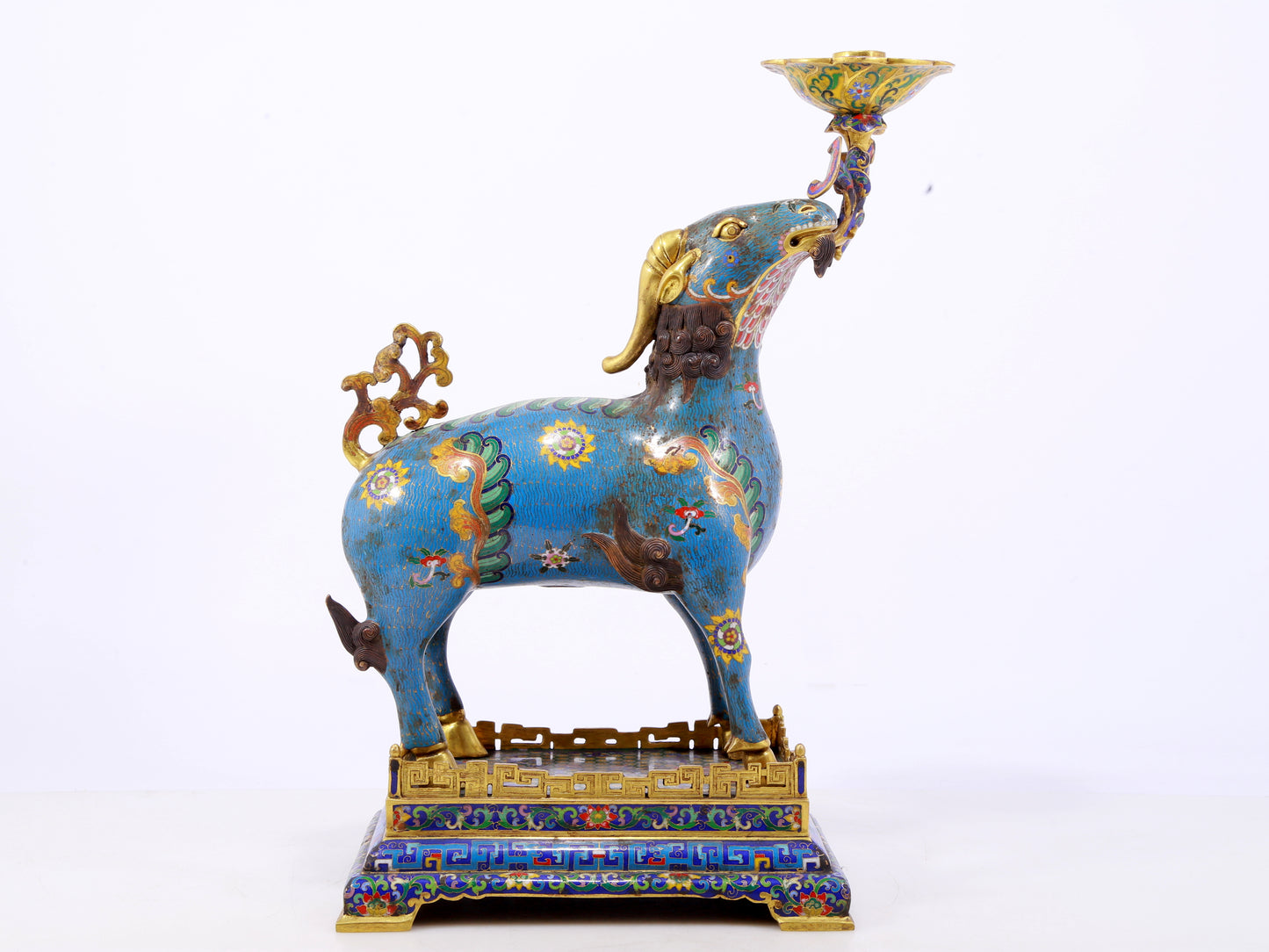 Pair of Exquisite Cloisonné Goat Candlesticks