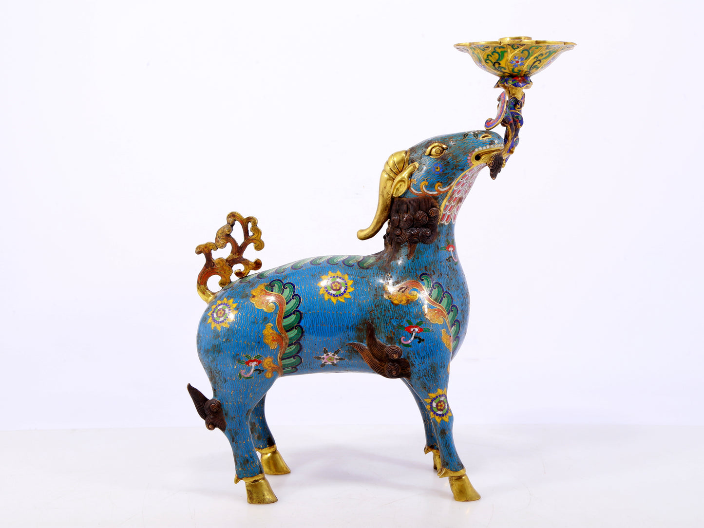 Pair of Exquisite Cloisonné Goat Candlesticks