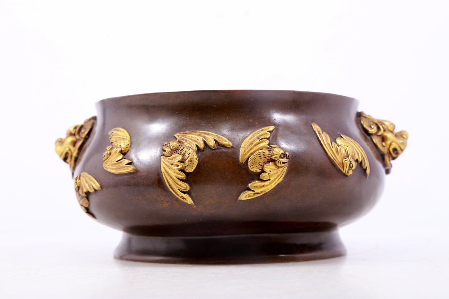 An exquisite gilt copper double-eared censer with bat pattern