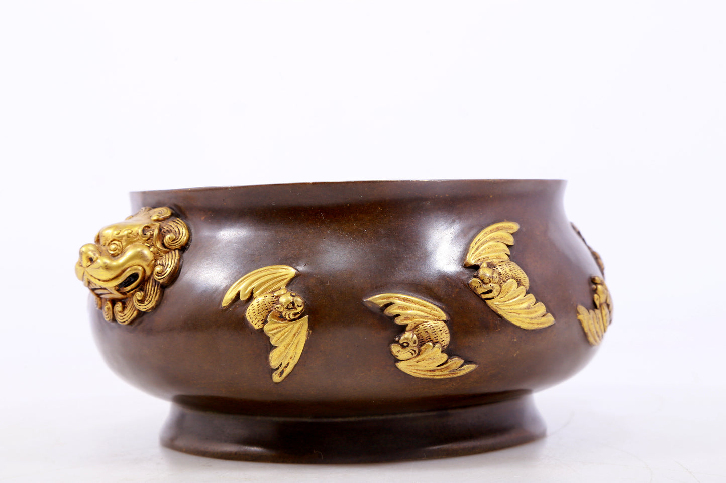 An exquisite gilt copper double-eared censer with bat pattern