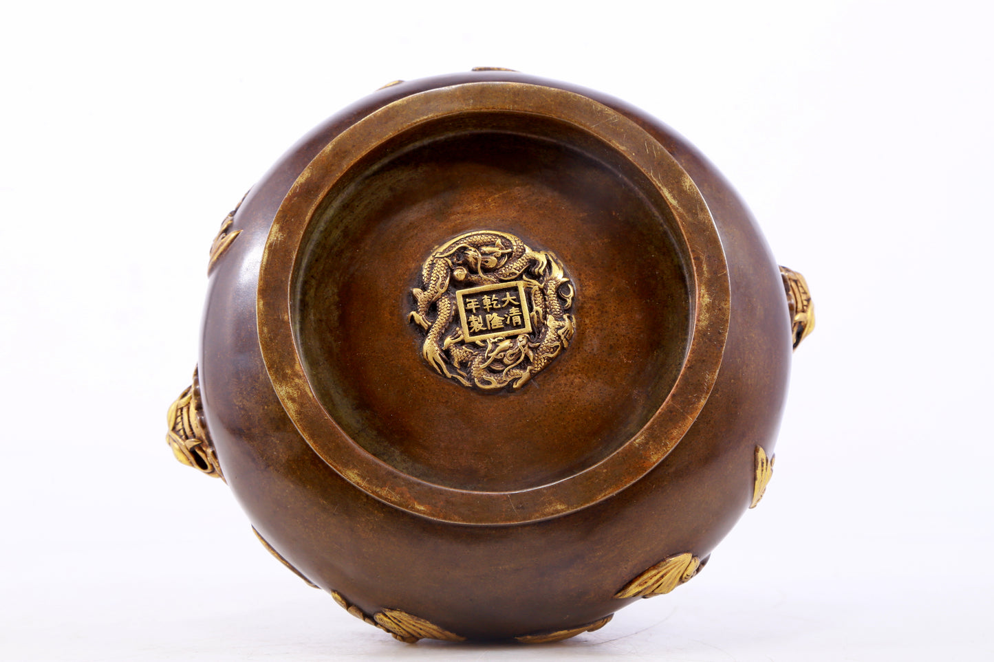 An exquisite gilt copper double-eared censer with bat pattern