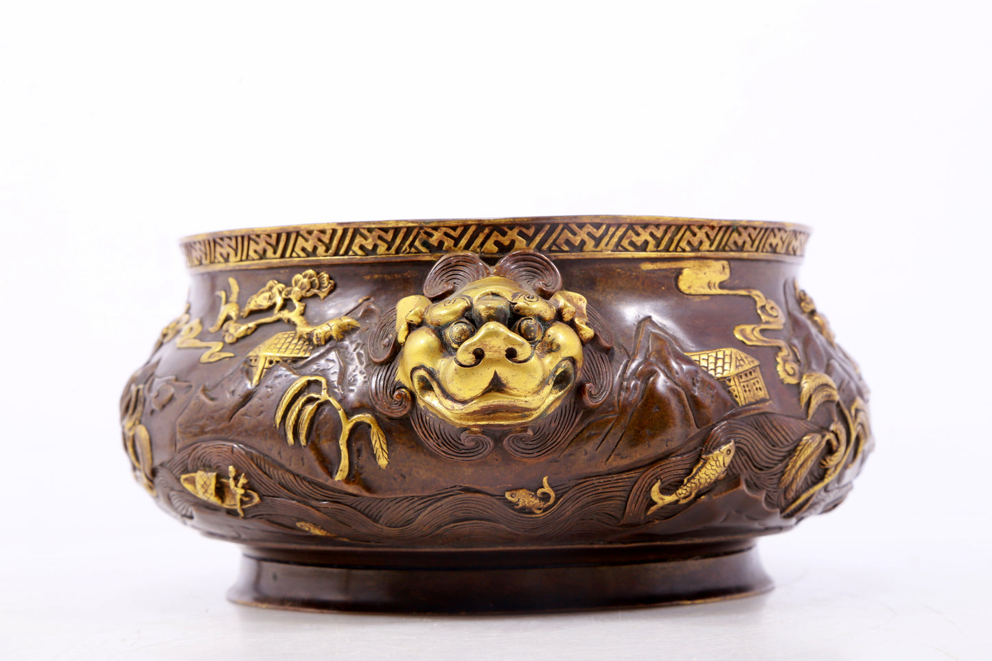 An exquisite gilt copper landscape and animal ear censer