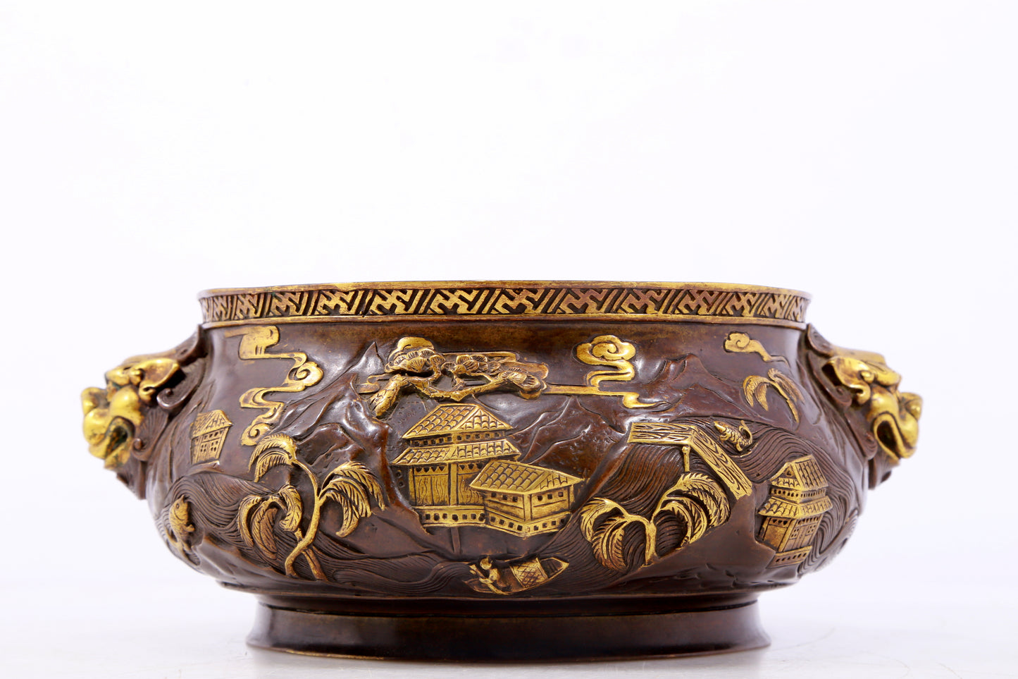 An exquisite gilt copper landscape and animal ear censer