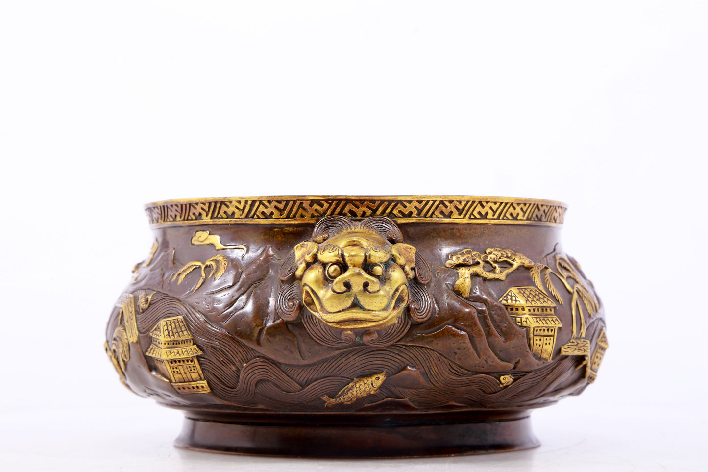 An exquisite gilt copper landscape and animal ear censer