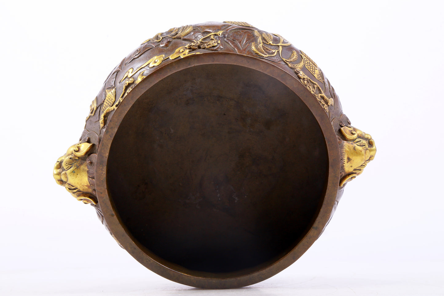 An exquisite gilt copper landscape and animal ear censer