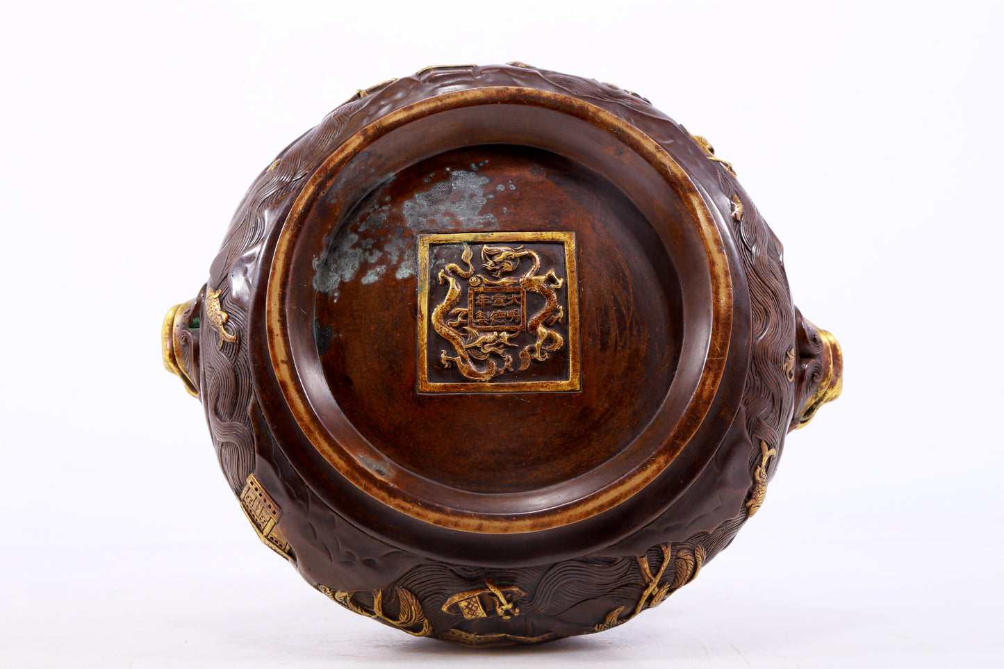 An exquisite gilt copper landscape and animal ear censer