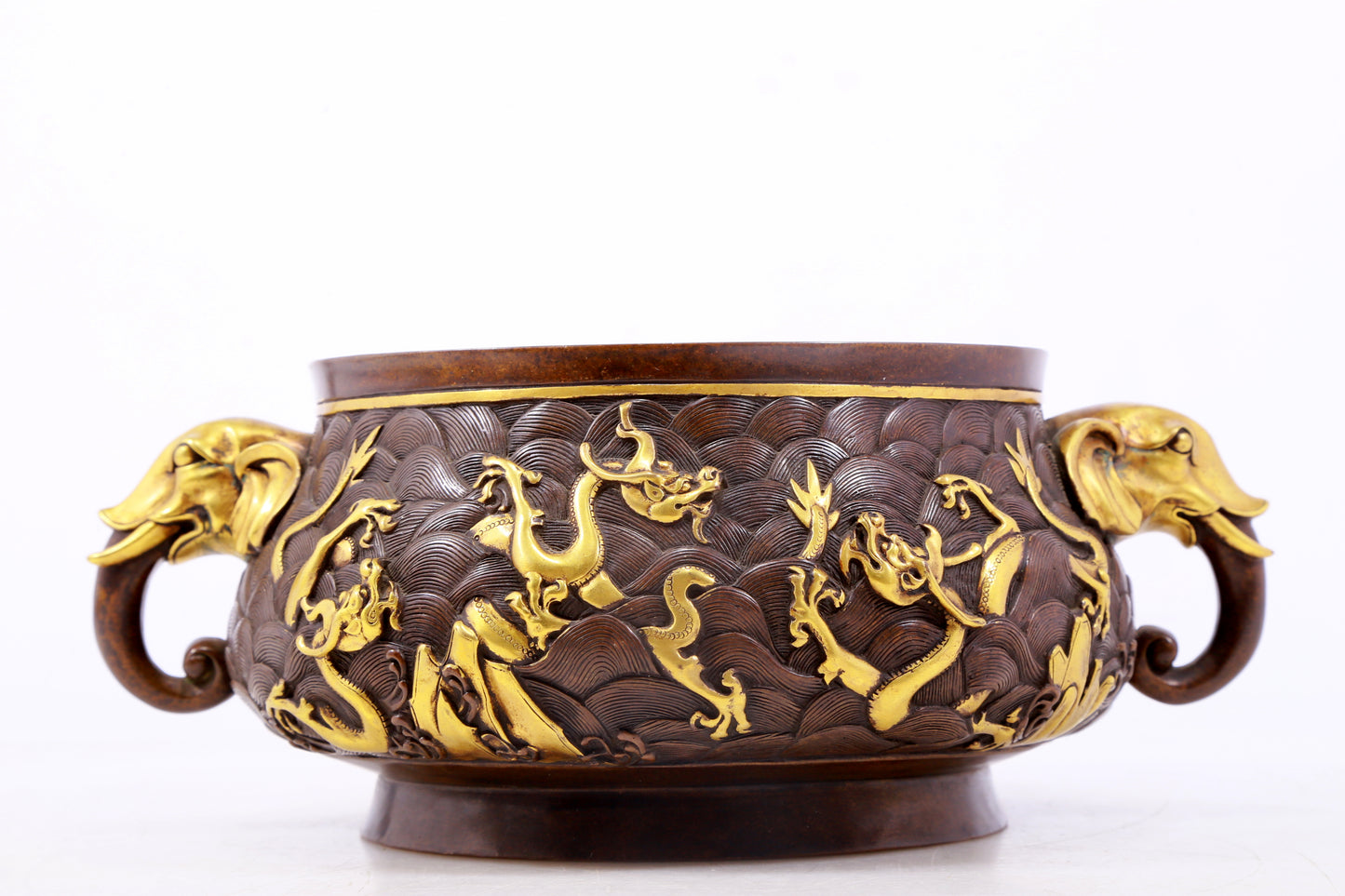 An exquisite gilt copper double-eared censer with 'sea water and dragon' patterns