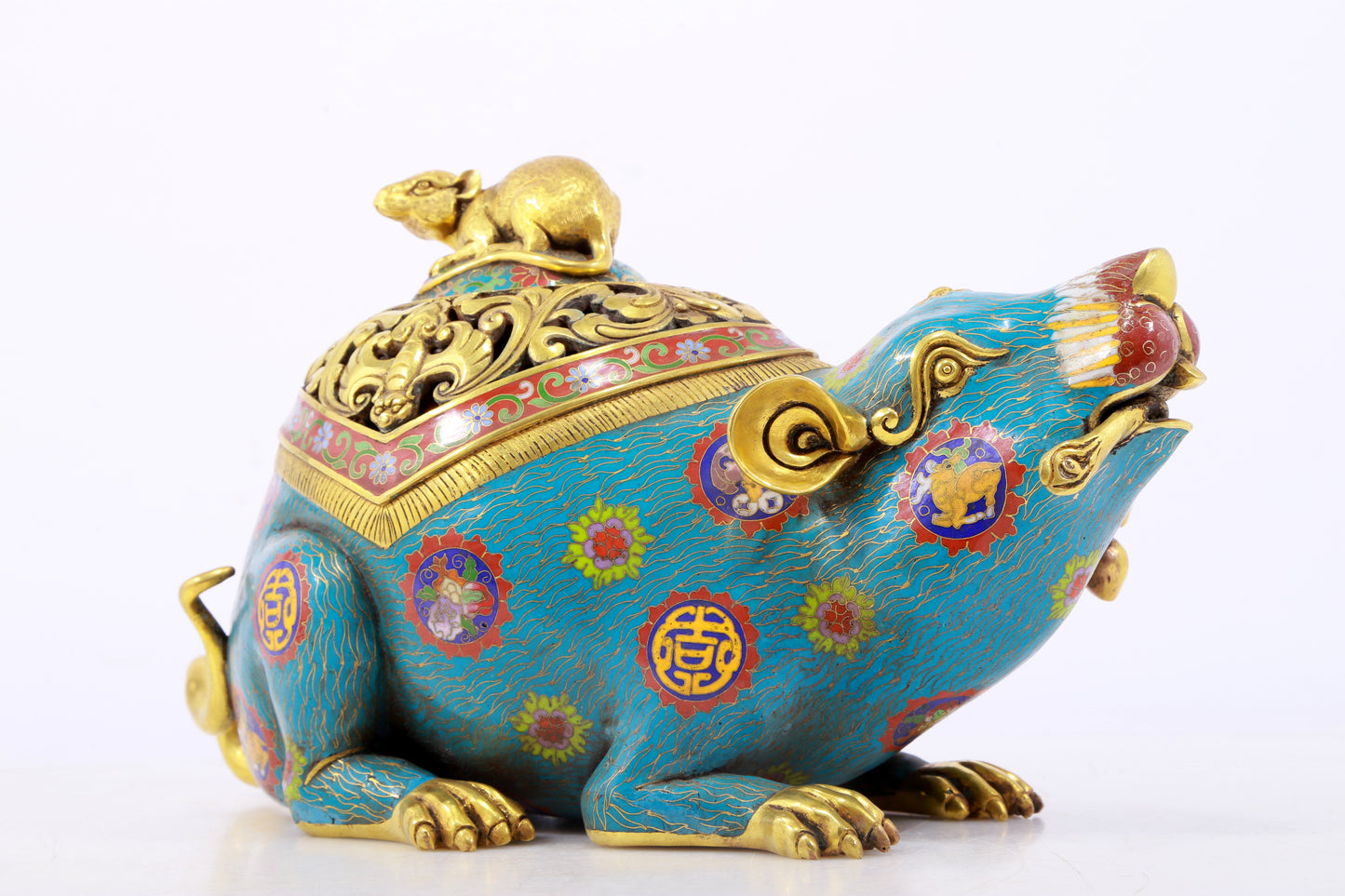 An exquisite cloisonné rat-shaped censer