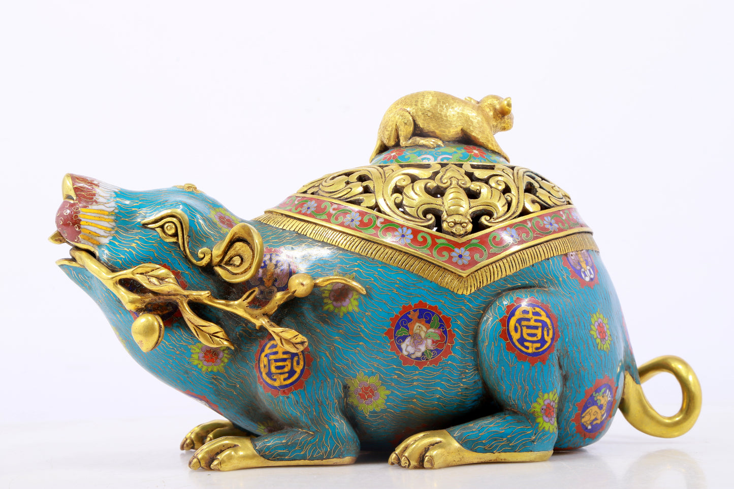 An exquisite cloisonné rat-shaped censer