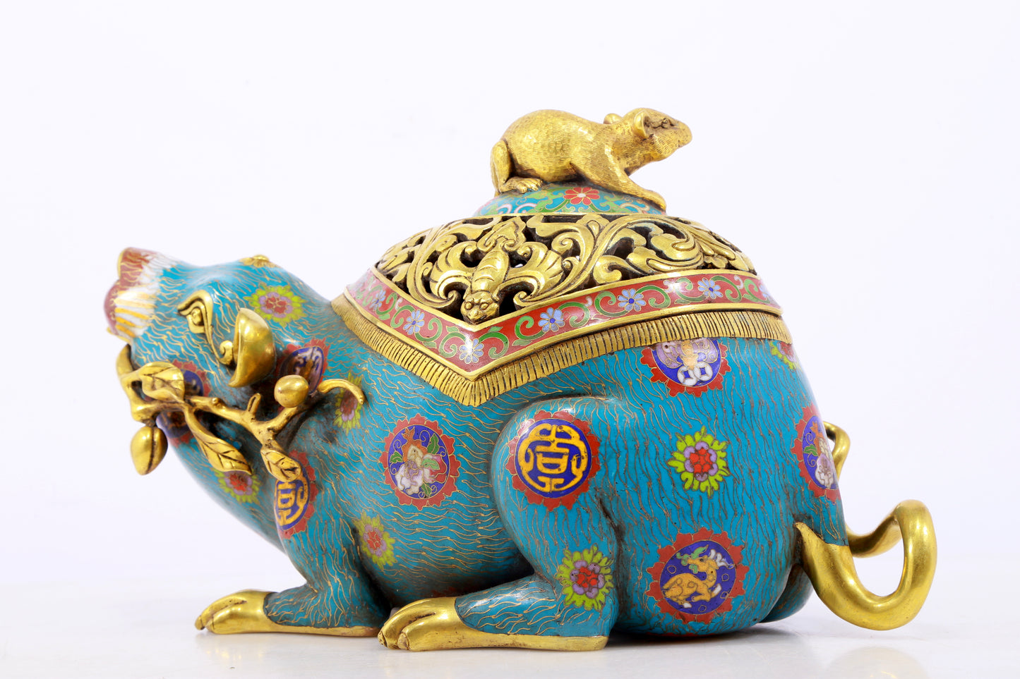 An exquisite cloisonné rat-shaped censer