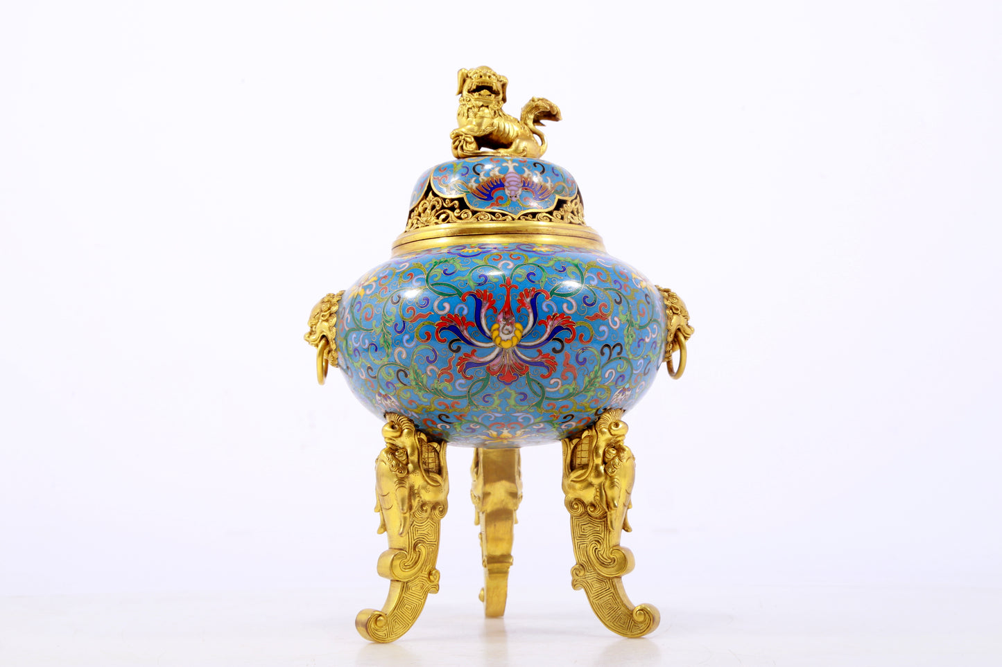 An exquisite cloisonné tangled lotus pattern two-eared tripod censer with lid