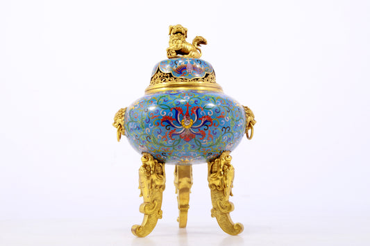 An exquisite cloisonné tangled lotus pattern two-eared tripod censer with lid