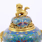 An exquisite cloisonné tangled lotus pattern two-eared tripod censer with lid