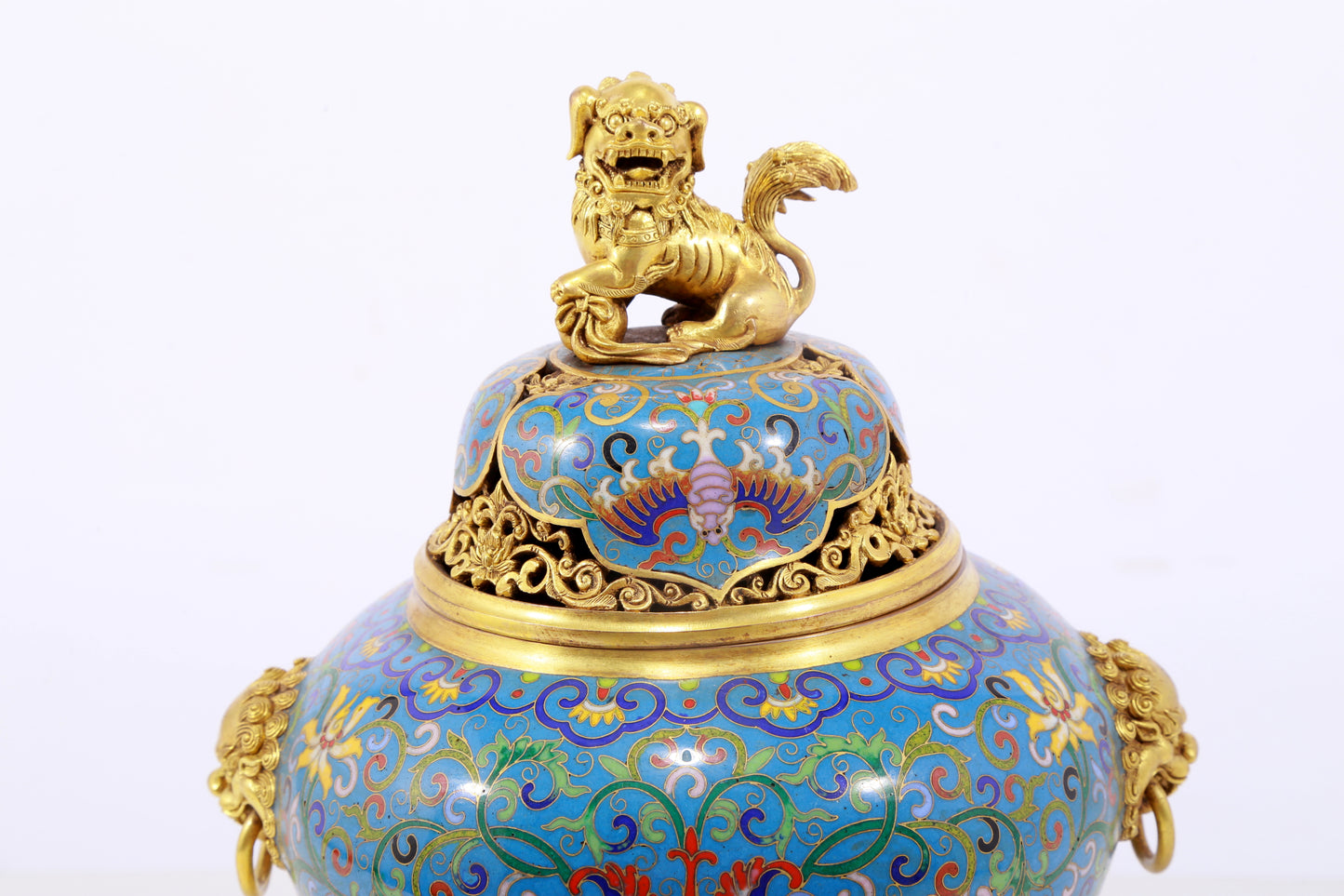 An exquisite cloisonné tangled lotus pattern two-eared tripod censer with lid