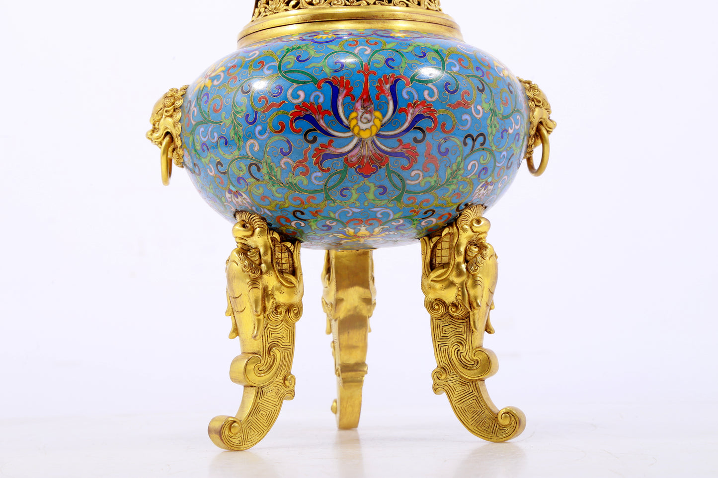 An exquisite cloisonné tangled lotus pattern two-eared tripod censer with lid