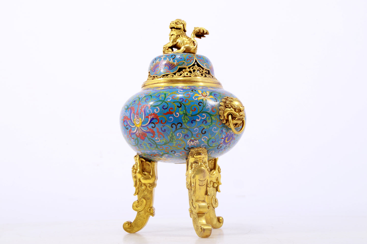 An exquisite cloisonné tangled lotus pattern two-eared tripod censer with lid