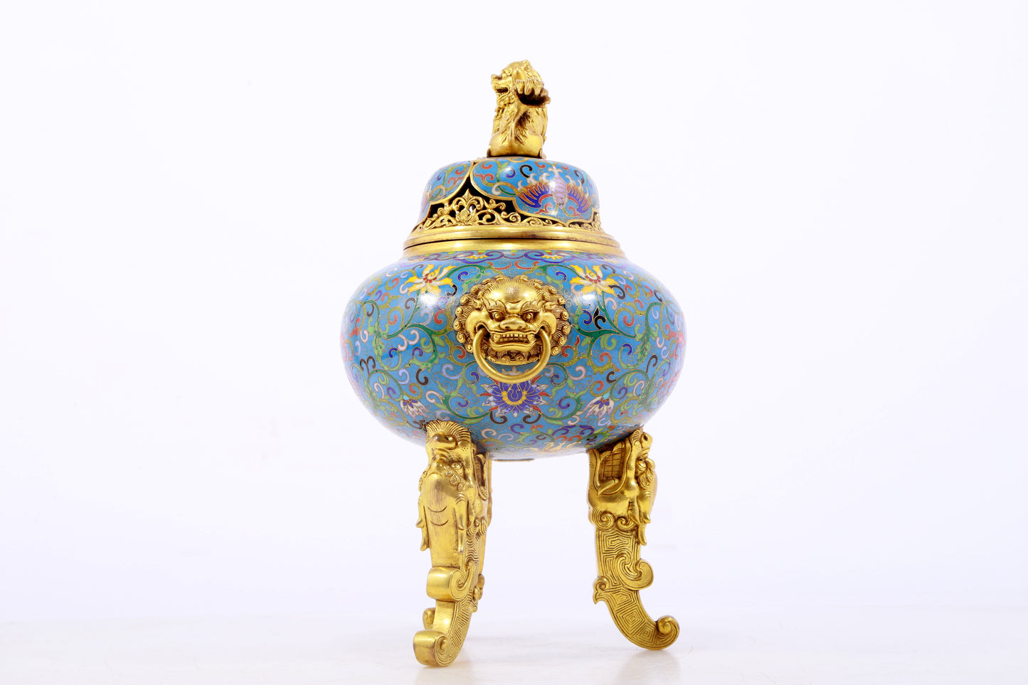 An exquisite cloisonné tangled lotus pattern two-eared tripod censer with lid