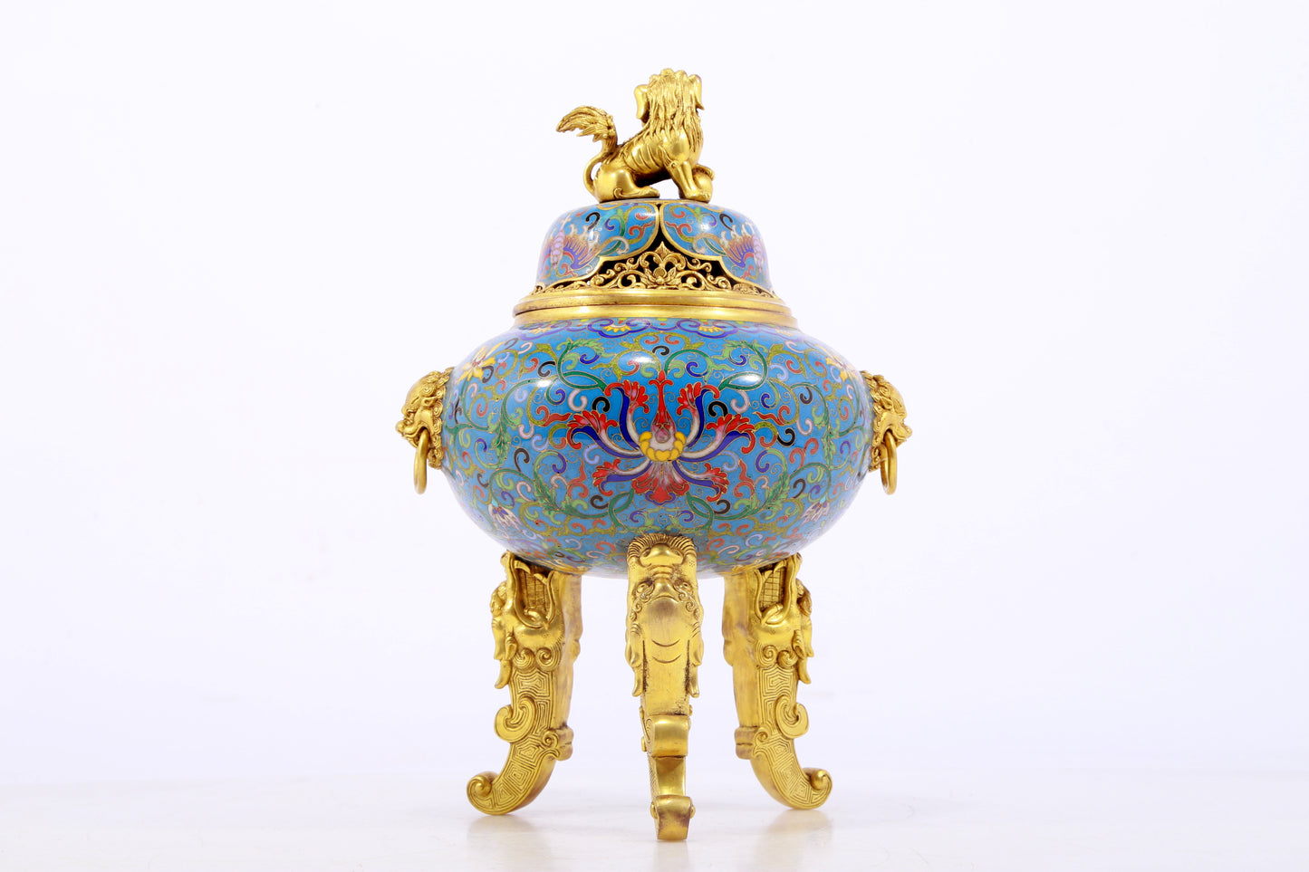 An exquisite cloisonné tangled lotus pattern two-eared tripod censer with lid