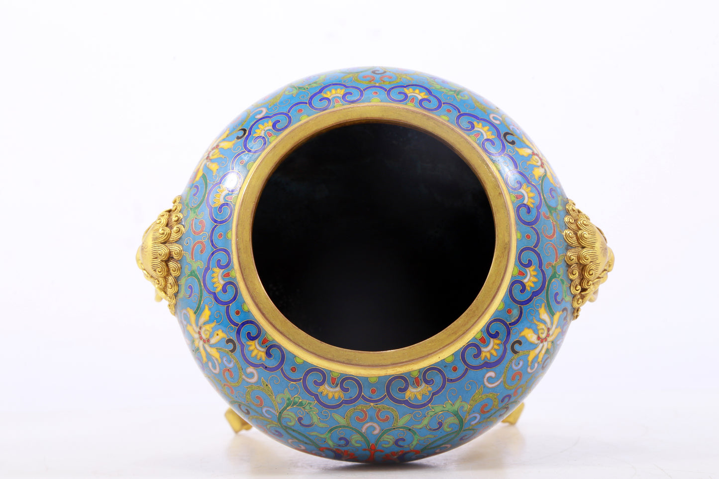 An exquisite cloisonné tangled lotus pattern two-eared tripod censer with lid