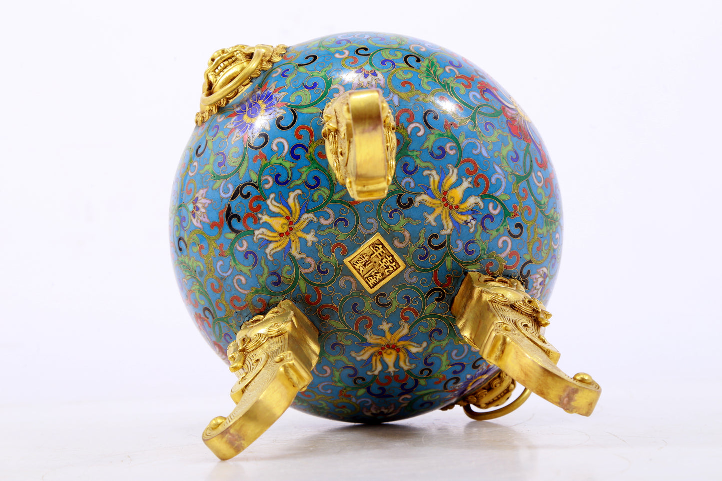 An exquisite cloisonné tangled lotus pattern two-eared tripod censer with lid