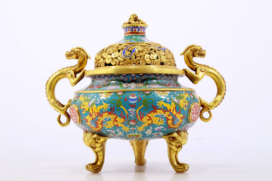 An exquisite cloisonné 'lily and dragon' pattern two-eared tripod censer with lid