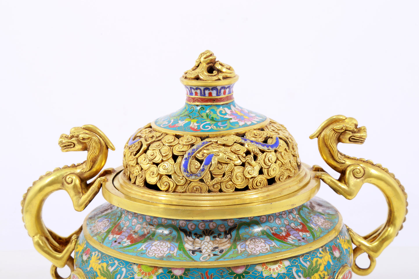 An exquisite cloisonné 'lily and dragon' pattern two-eared tripod censer with lid