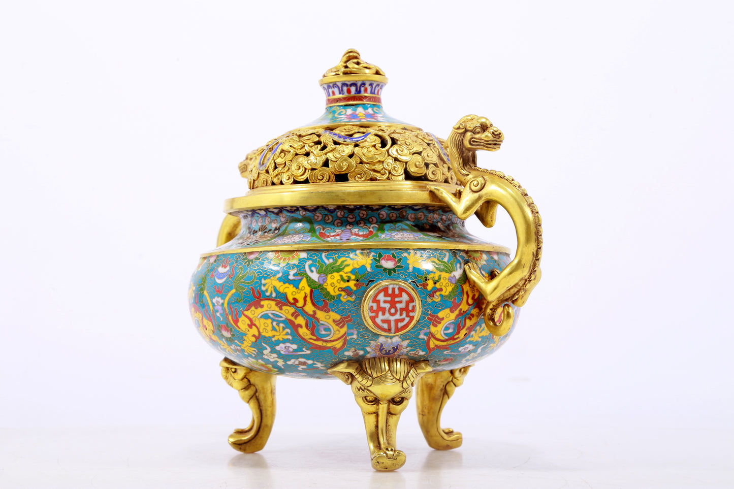 An exquisite cloisonné 'lily and dragon' pattern two-eared tripod censer with lid