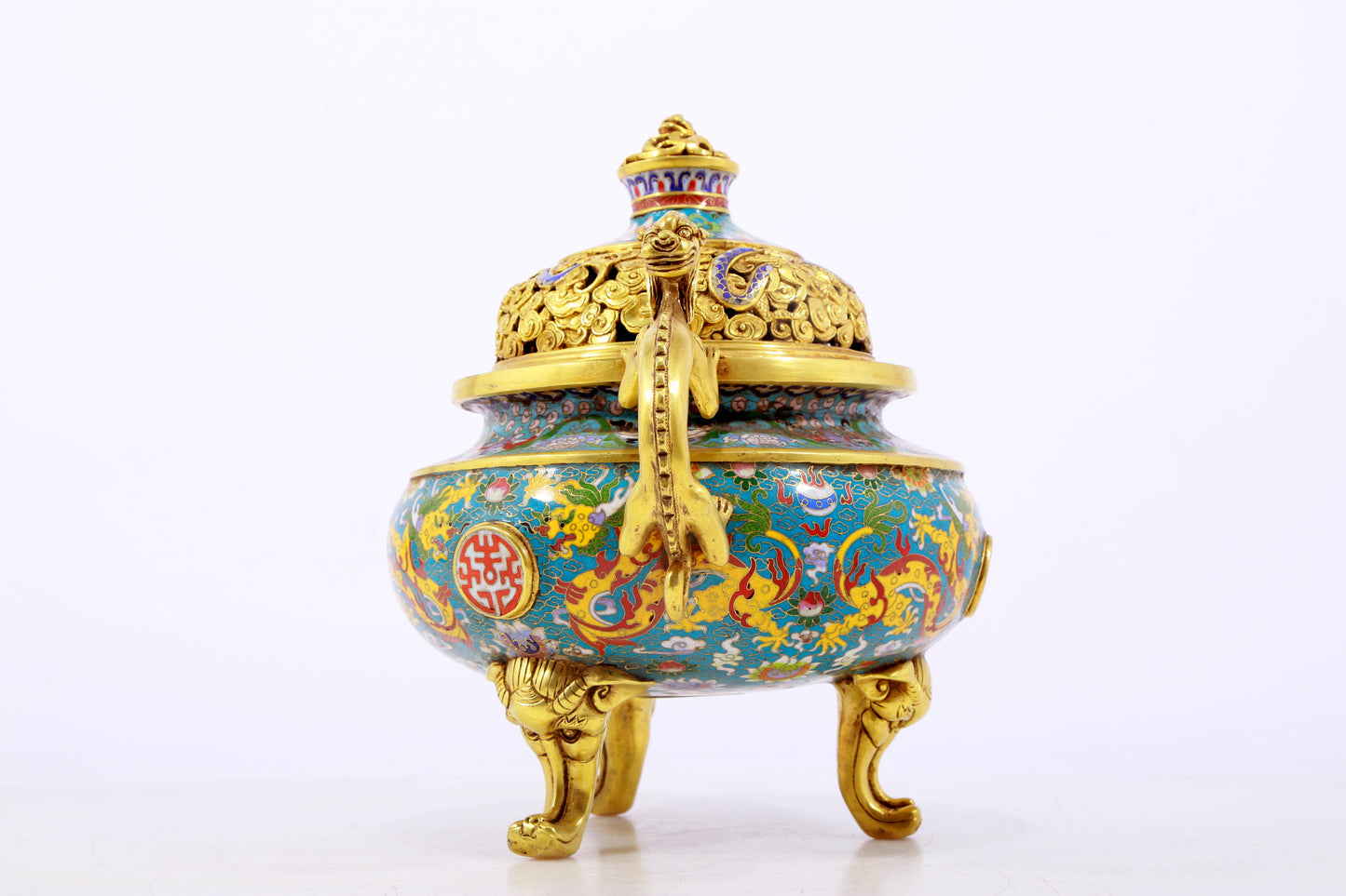 An exquisite cloisonné 'lily and dragon' pattern two-eared tripod censer with lid