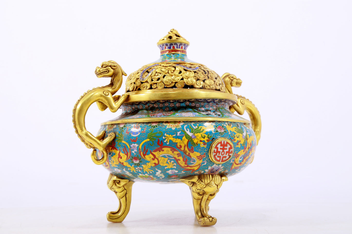 An exquisite cloisonné 'lily and dragon' pattern two-eared tripod censer with lid