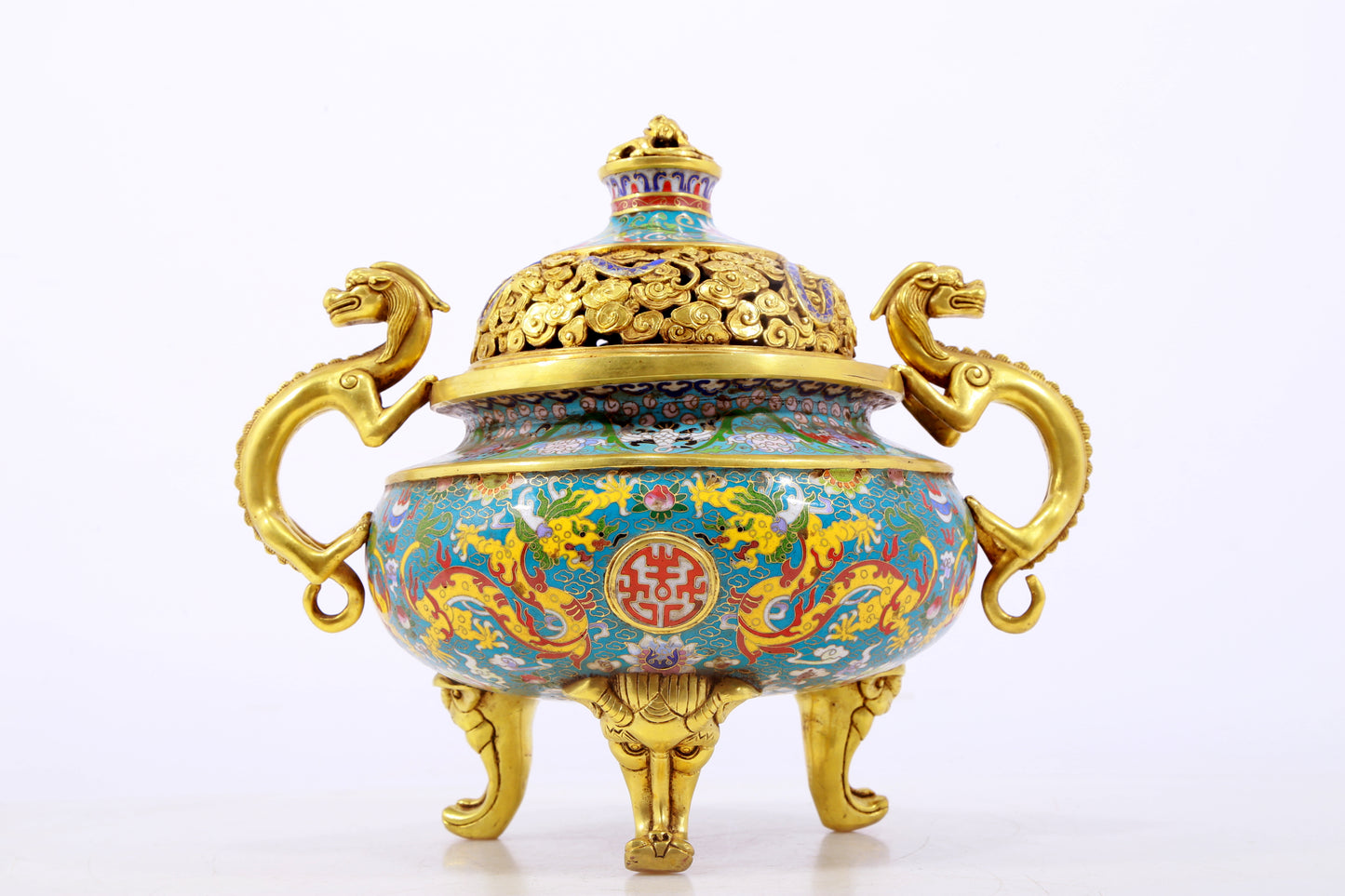 An exquisite cloisonné 'lily and dragon' pattern two-eared tripod censer with lid