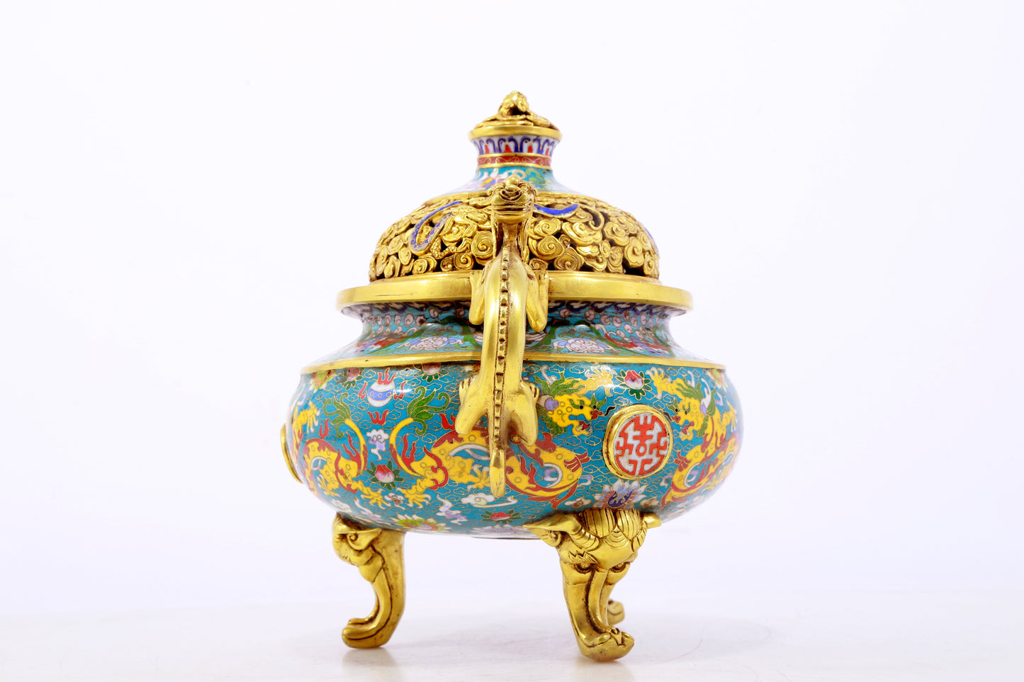 An exquisite cloisonné 'lily and dragon' pattern two-eared tripod censer with lid