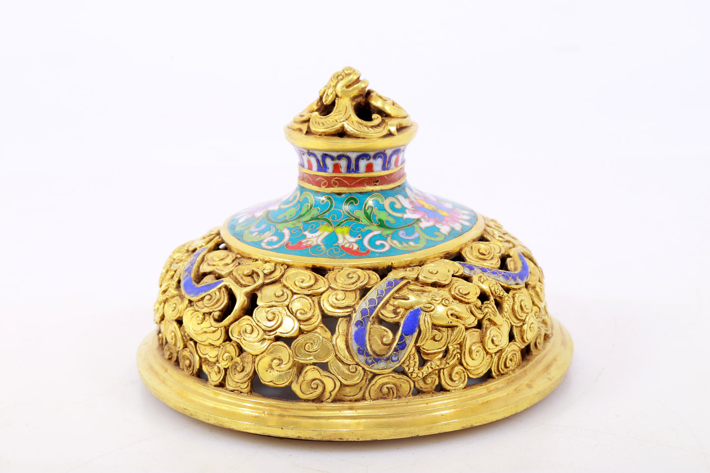 An exquisite cloisonné 'lily and dragon' pattern two-eared tripod censer with lid