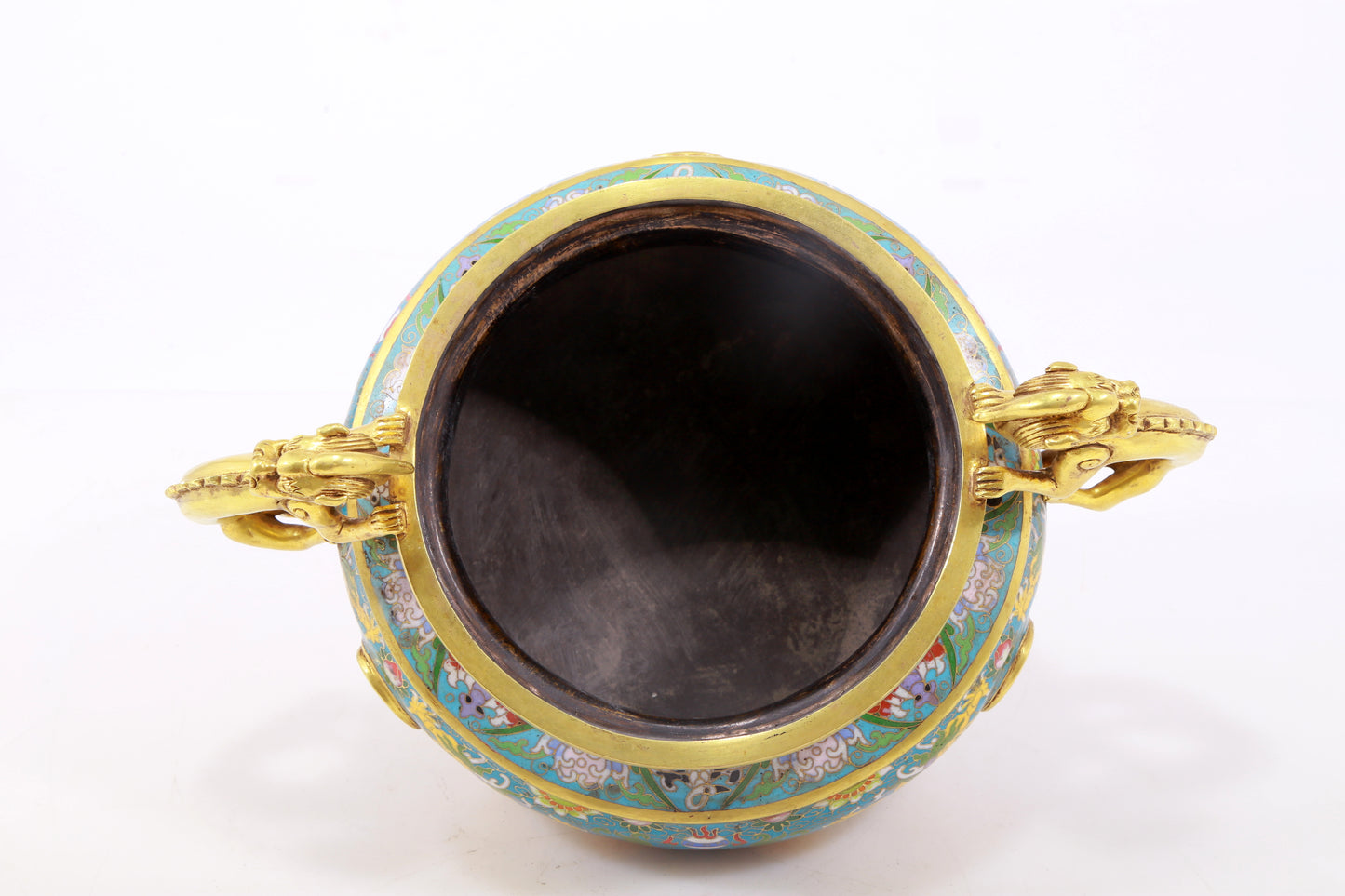 An exquisite cloisonné 'lily and dragon' pattern two-eared tripod censer with lid